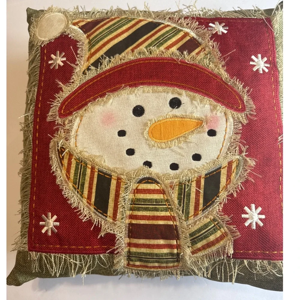 Snowman Decorative Pillow 17x17 Red Green Excellent Christmas Rustic Holiday